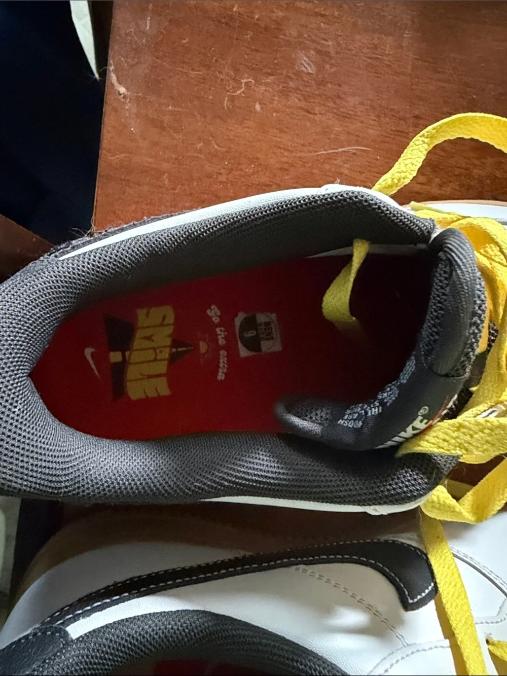 Nike Men’s White AF1 Sneakers with Black Swoosh and Yellow Laces